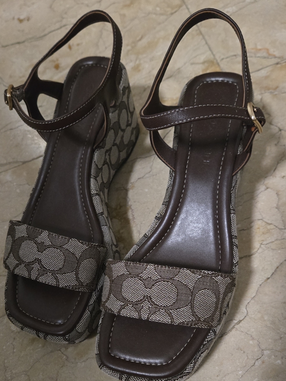 Brown  Coach Signature Pattern Wedge Sandals - Women's